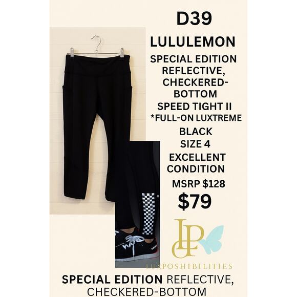 Lululemon Speed Tight III Size 4 black with reflective, checkerboard detail 

￼ - Picture 1 of 6